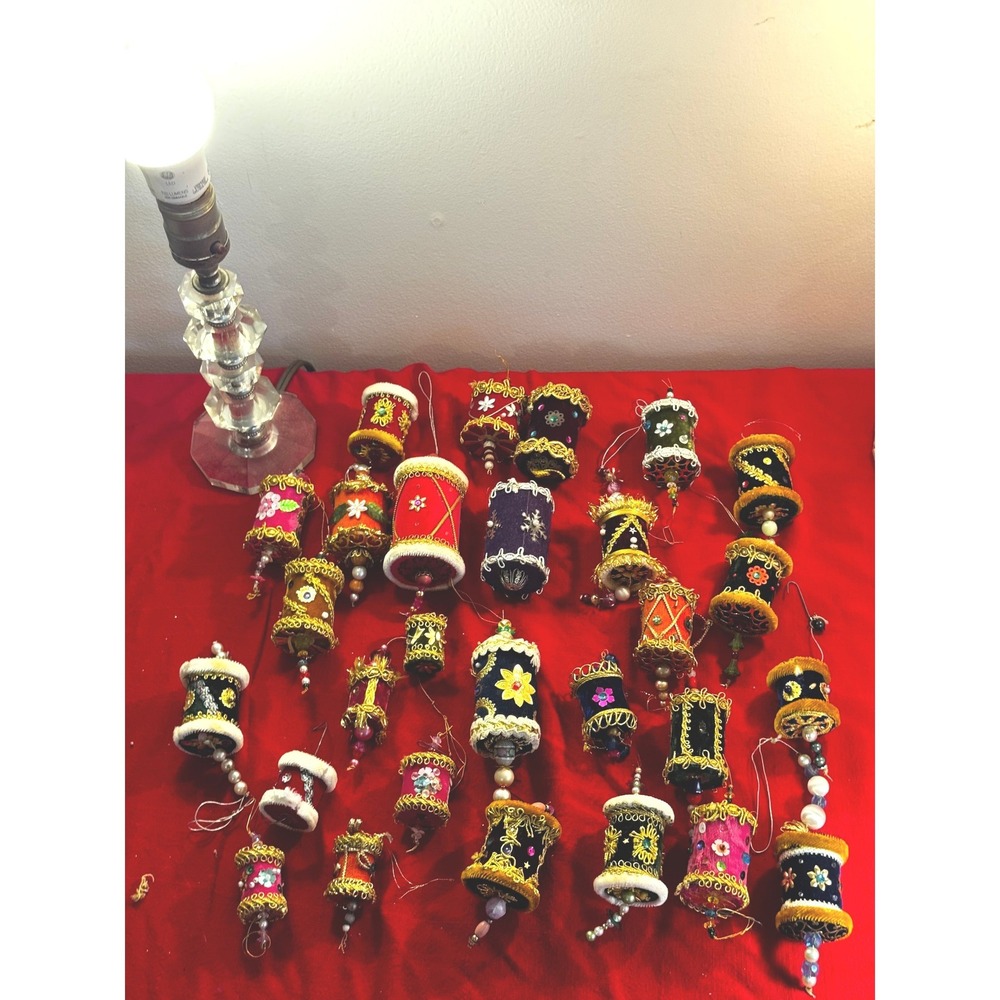 Vintage Handmade Velvet Spool Christmas Ornaments Lot of 28 Beaded Gold Trim